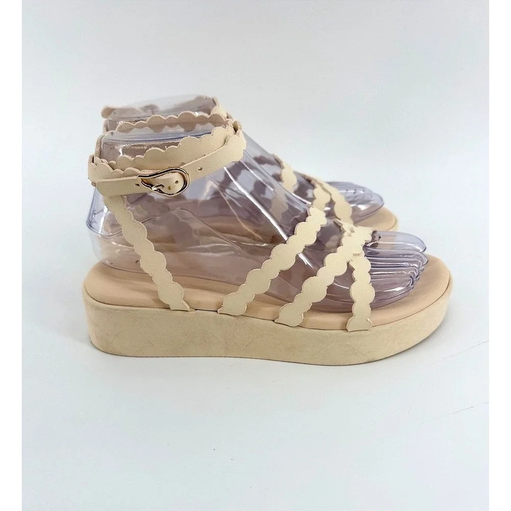 Anciet Greek Sandals Aspsis Flatform‎ Cream Scalloped Platform Ankle size 36 6